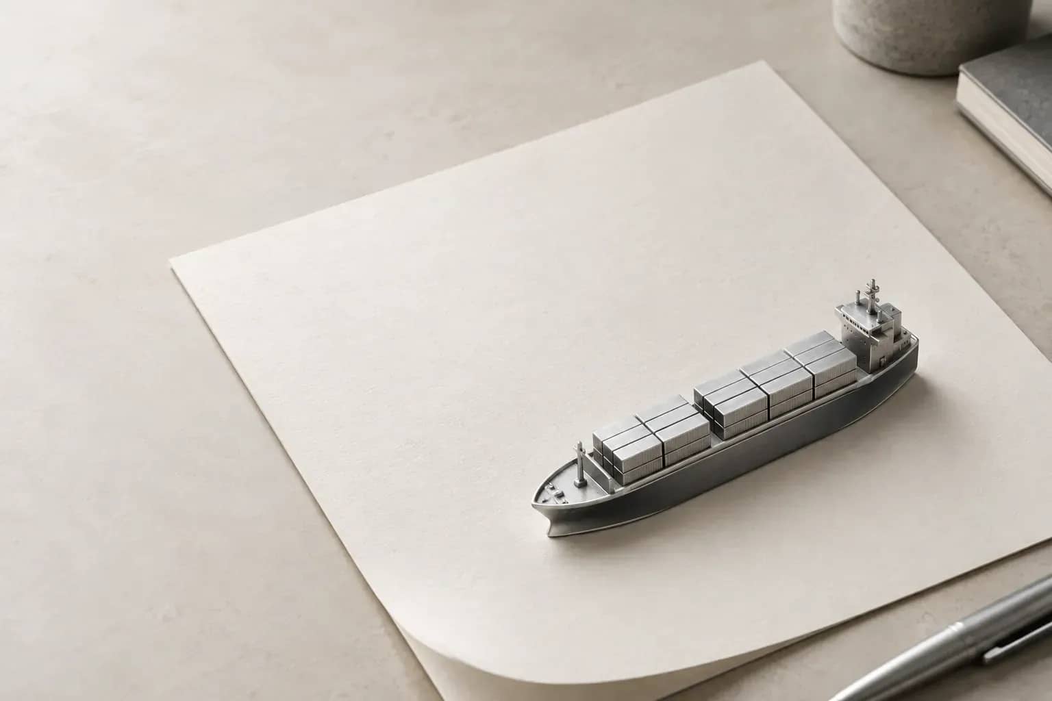 Maquette de porte-conteneurs en métal satiné posée sur une feuille de papier ivoire.
