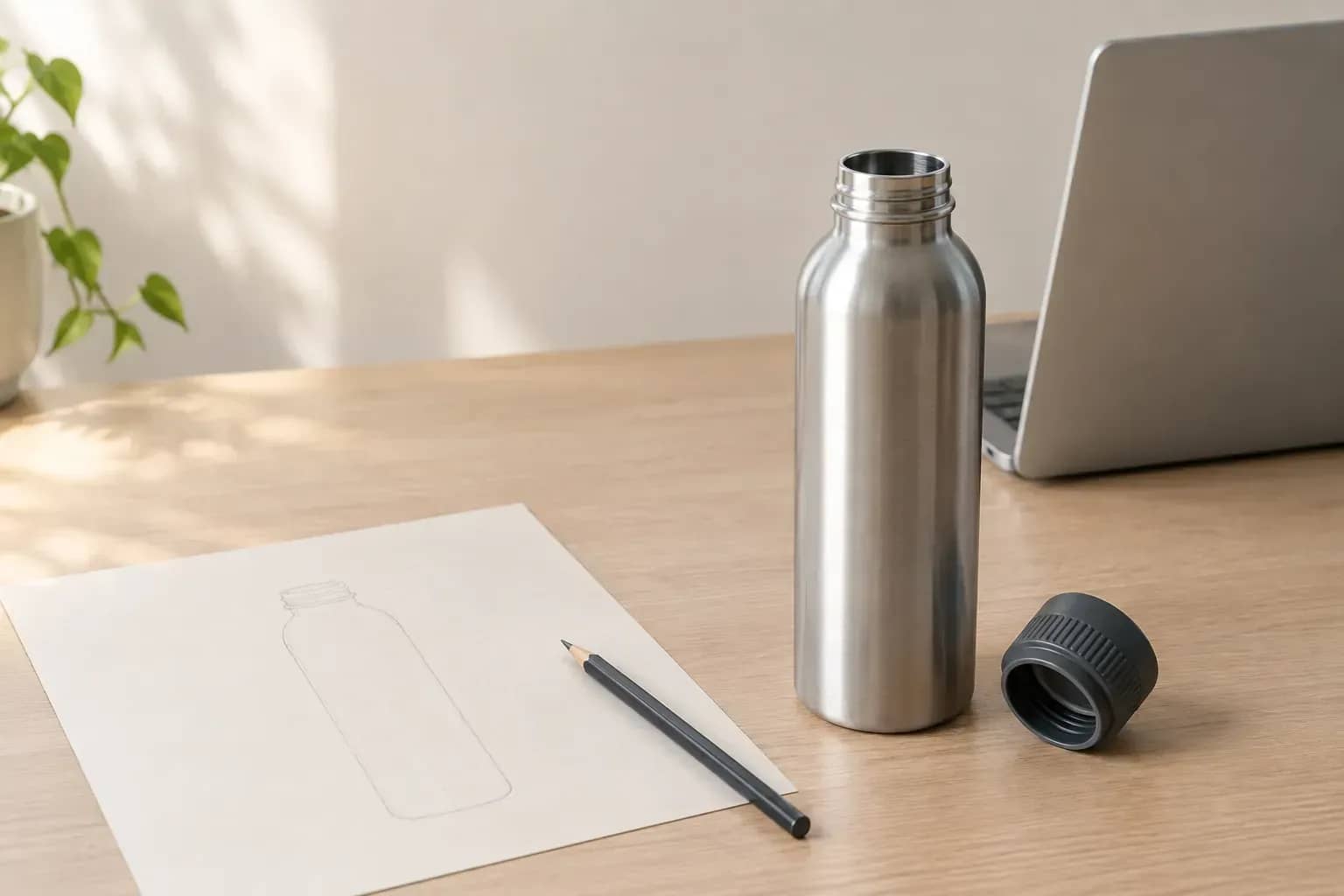 Une gourde en acier ouverte, son bouchon et un croquis muet sur une table de travail.