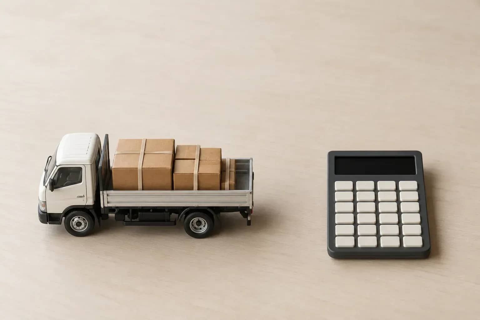 À gauche, un camion miniature porte des cartons. À droite, une calculatrice à écran éteint évoque le prix du transport.