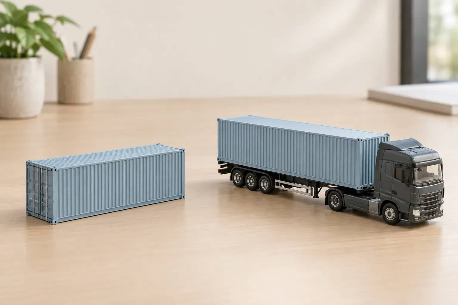 Deux maquettes : à gauche, un conteneur posé au sol ; à droite, un conteneur chargé sur un camion.