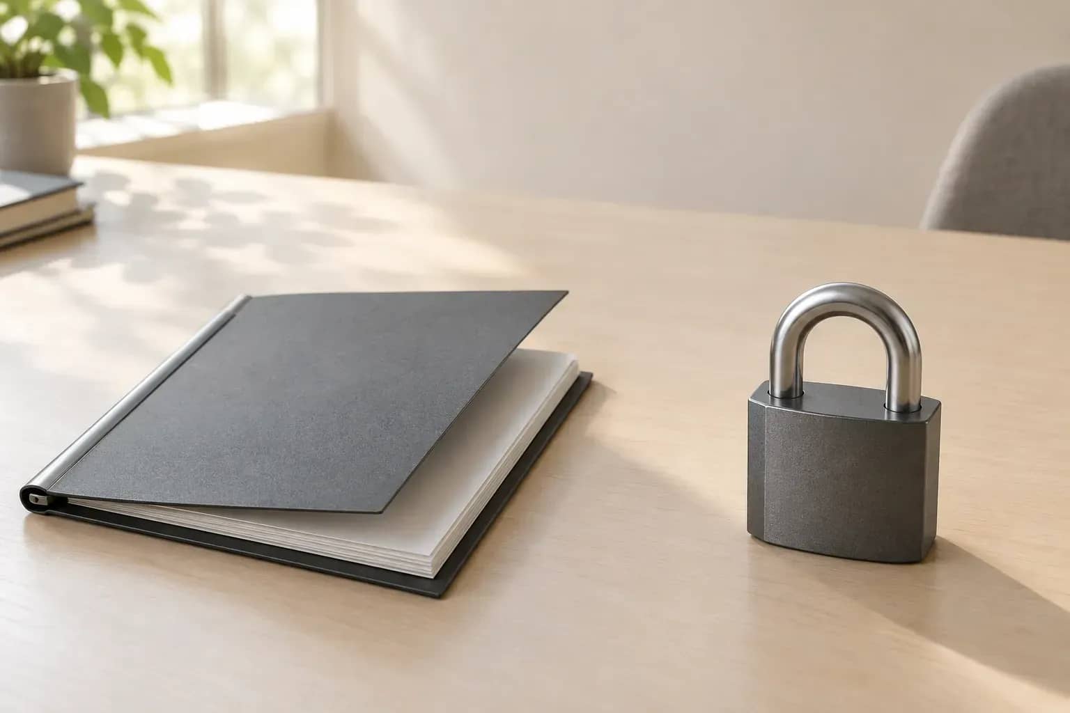 Un porte-documents entrouvert à gauche et un cadenas fermé à droite.