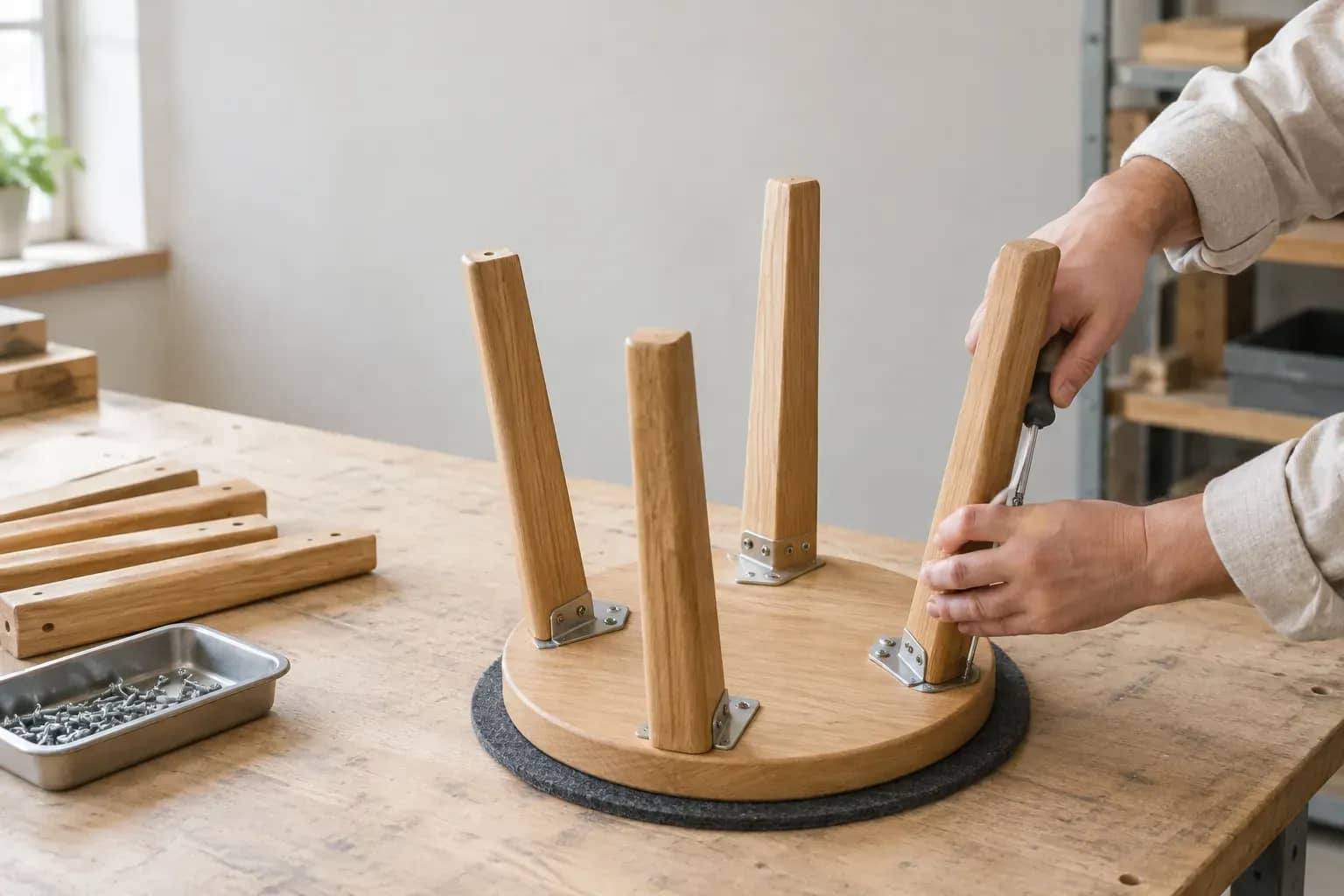 Sur un établi, deux mains fixent le pied d'un tabouret en bois retourné.