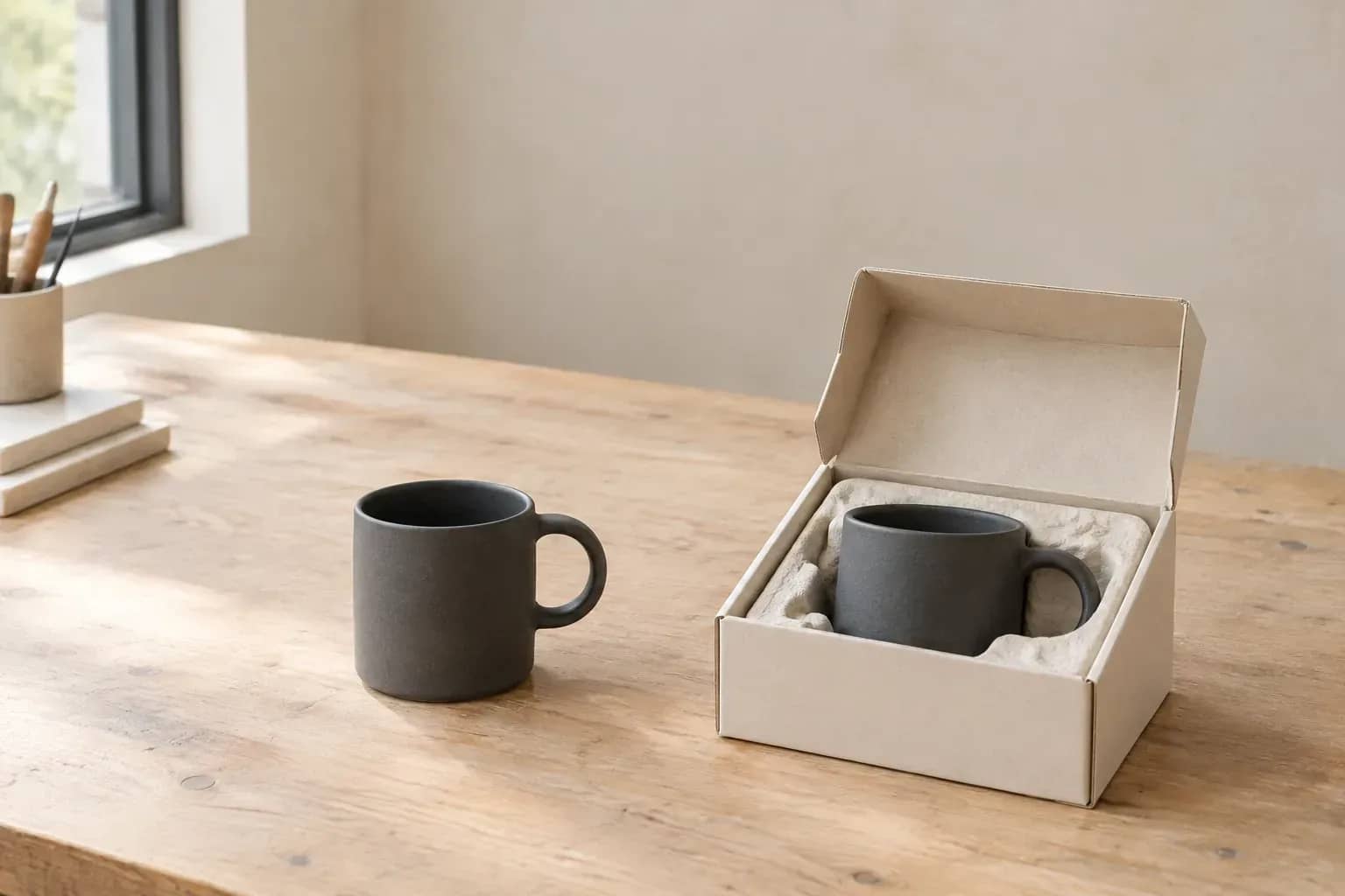 À gauche une tasse sans boîte, à droite une tasse semblable dans un emballage ouvert avec calage.