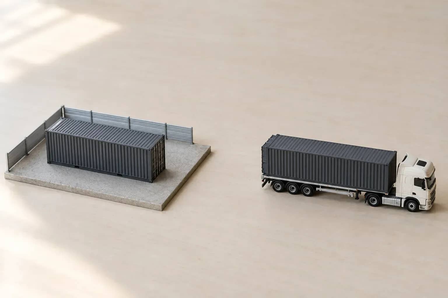 À gauche, un conteneur dans une enceinte. À droite, un conteneur transporté par camion hors de cette enceinte.