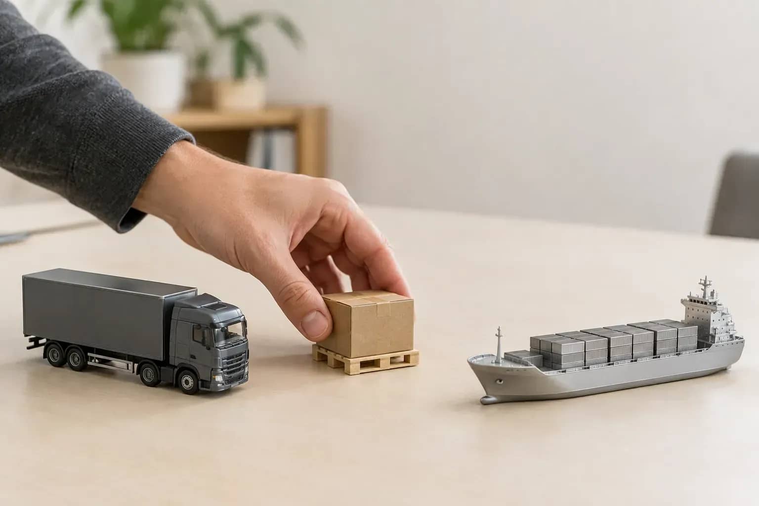 Une main tient un carton sur une petite palette, entre un camion graphite à gauche et un navire en métal satiné à droite, tous deux en maquette.