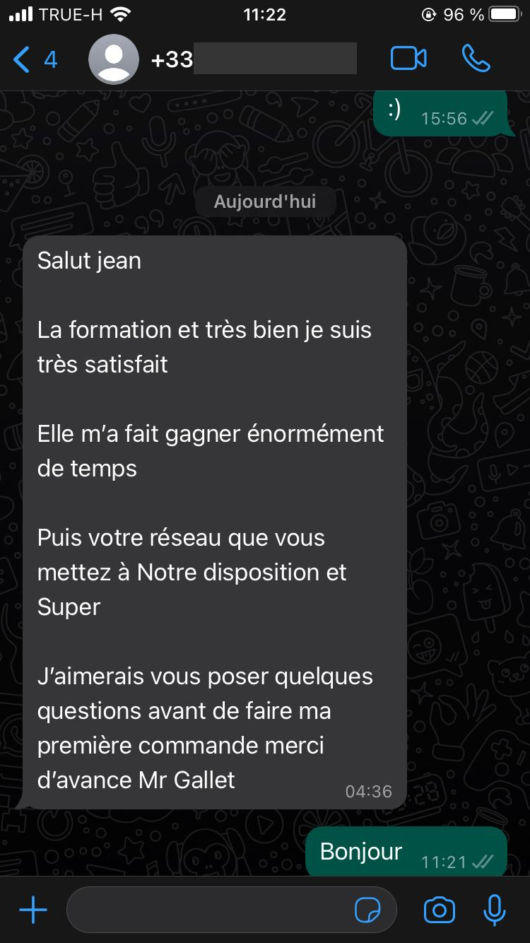 Message de M. Gallet sur le temps gagné et le réseau, avant sa première commande. Numéro de téléphone masqué.