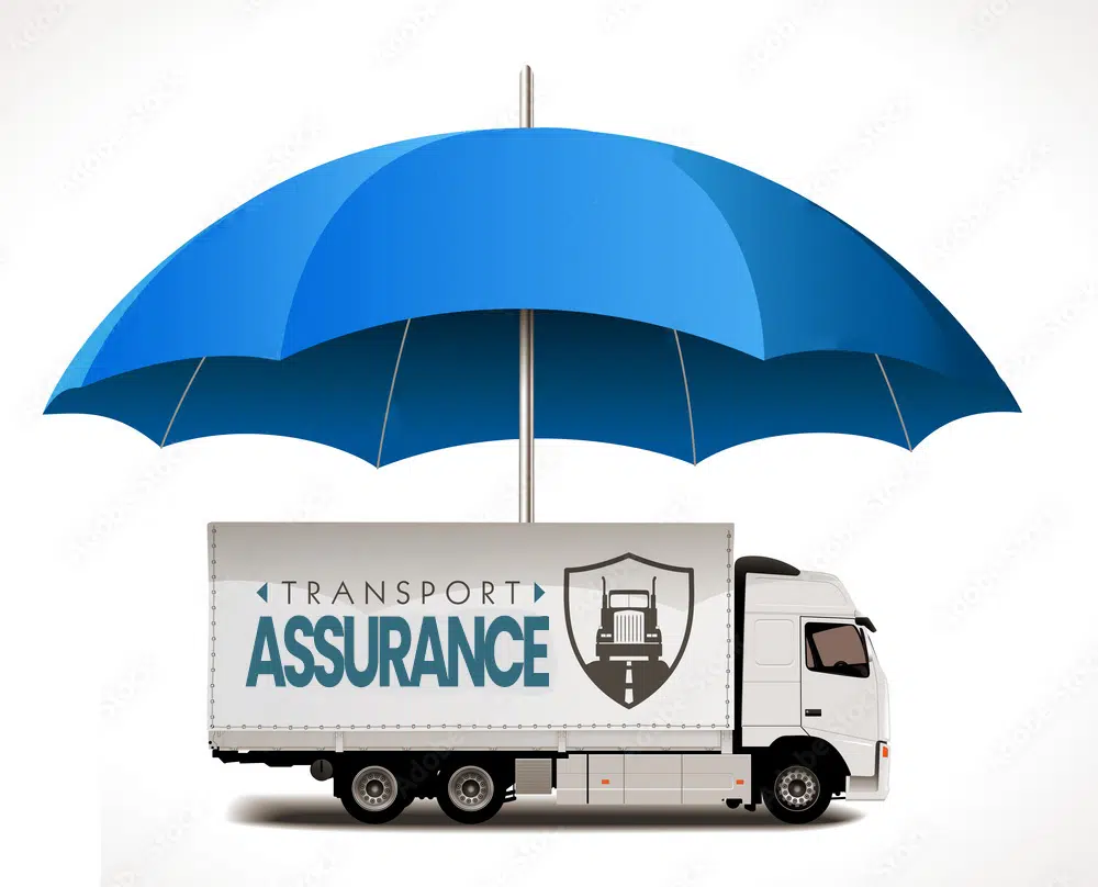 Un camion bleu avec un parapluie et le mot assurance transport.