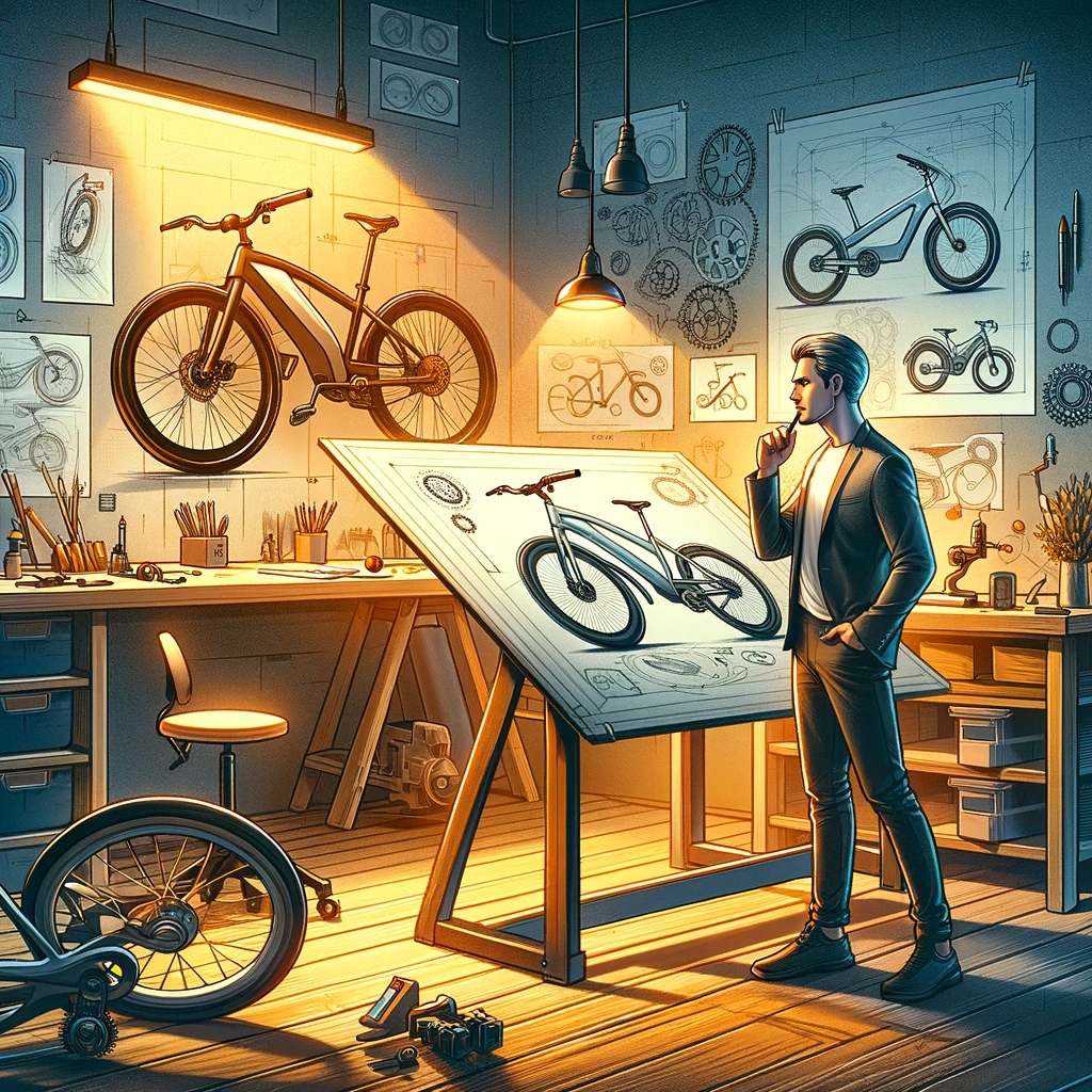 Un homme se tient devant un atelier avec un vélo électrique chinois.