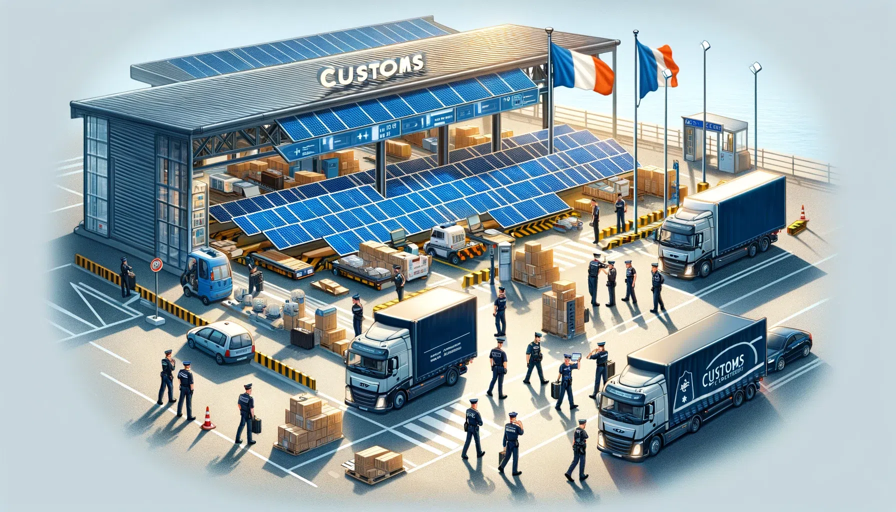 Illustration isométrique d'un entrepôt avec camions et panneaux solaires, mettant en valeur les douanes panneaux solaires.