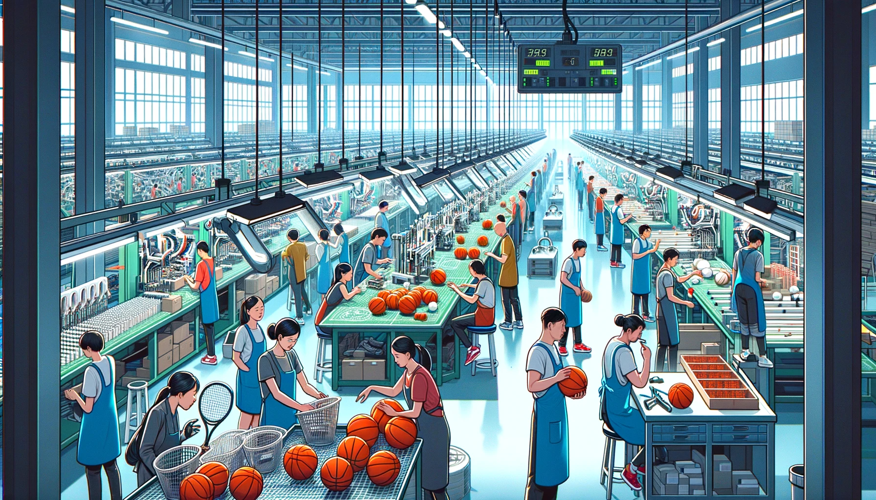 Illustration de personnes travaillant dans une usine de matériel de sport.