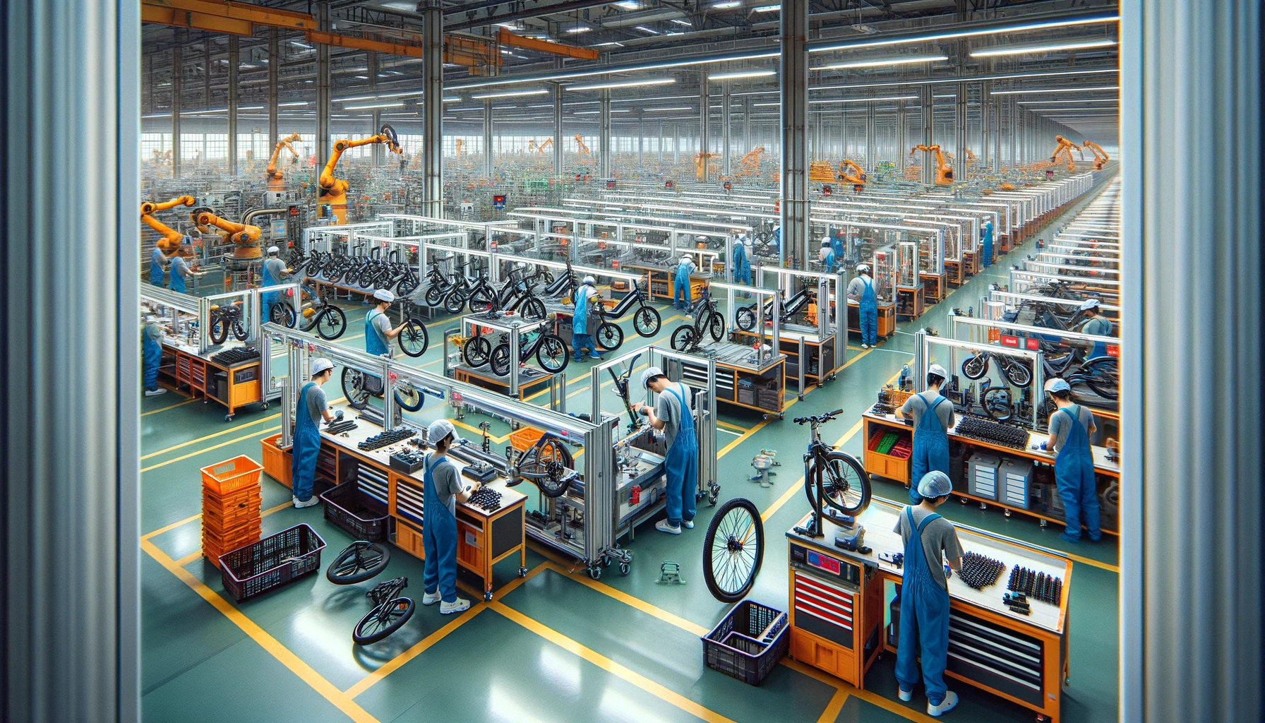 L’intérieur d’une usine avec de nombreuses machines à vélos électriques fabriquées en Chine.