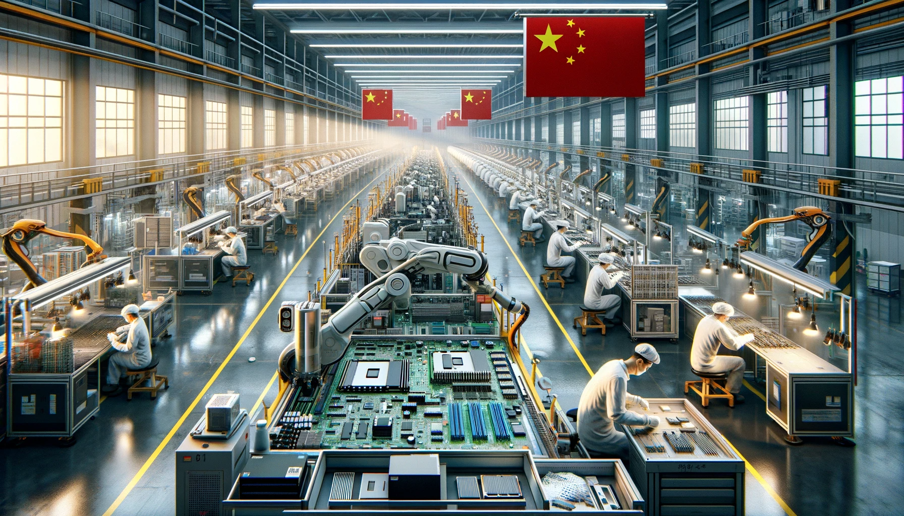 Une usine en Chine employant des robots et arborant fièrement le drapeau chinois.