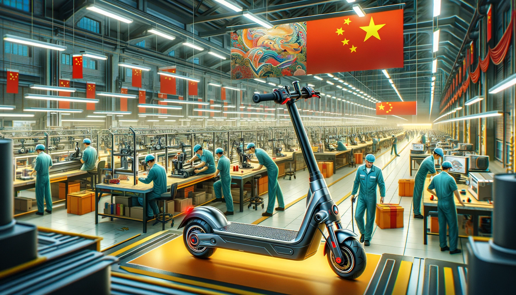 Image d’une usine d'un fournisseur trottinette électrique avec des personnes travaillant sur des plans de travail.