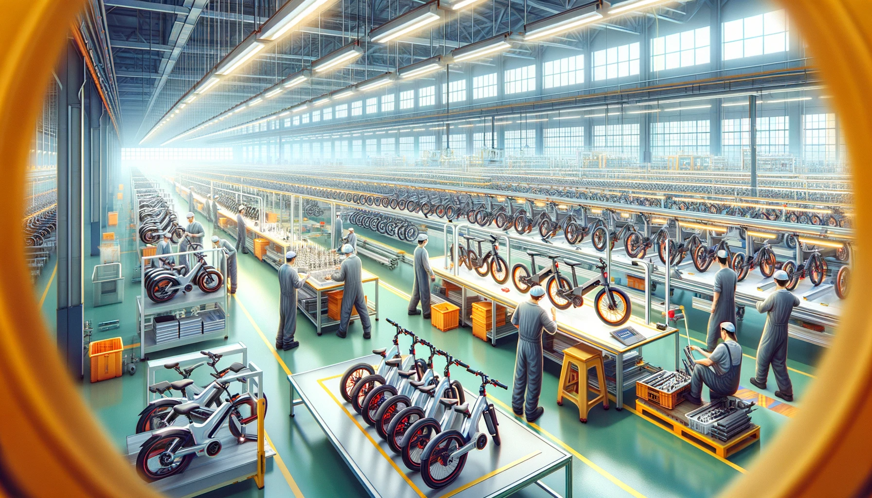 Une vue d'une usine chinoise de vélos électriques avec des ouvriers en train de travailler.