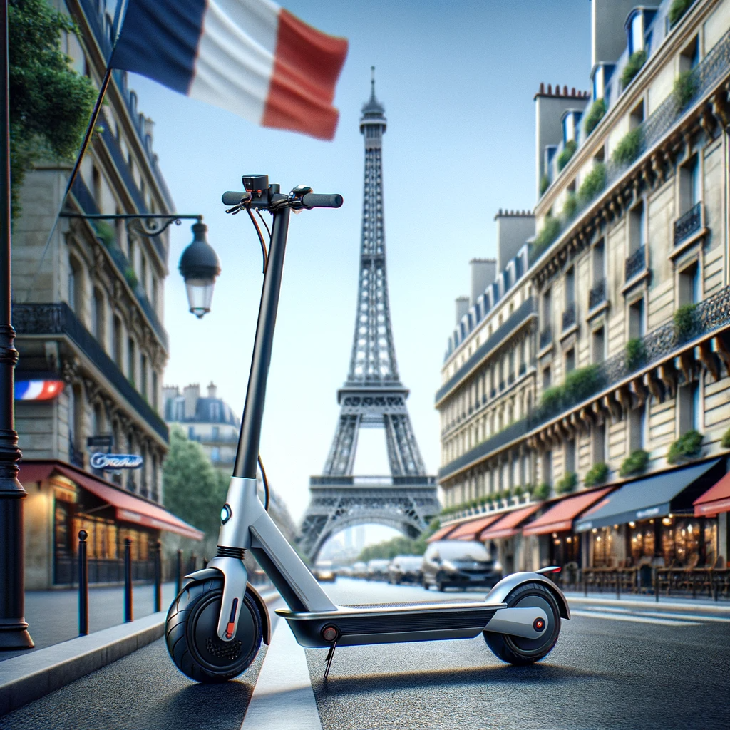 Un scooter électrique d'un fournisseur trottinette électrique français est garé devant la tour eiffel.