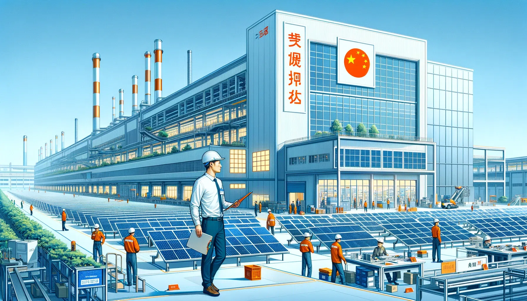 Un homme debout devant une usine de panneaux solaires.