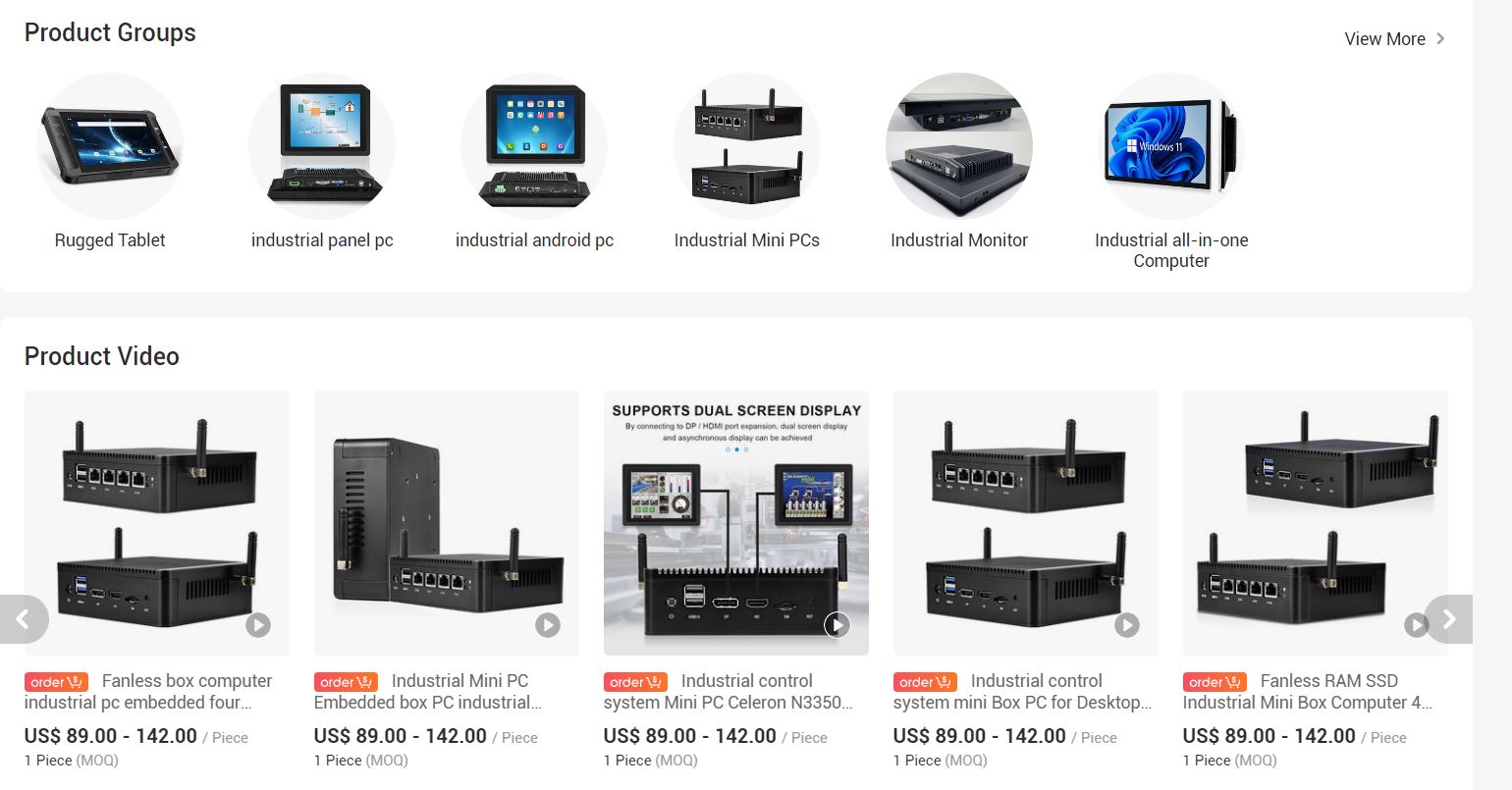 Une page Web présentant une gamme de produits disponibles à l'achat, notamment du matériel informatique en gros en provenance de Chine.