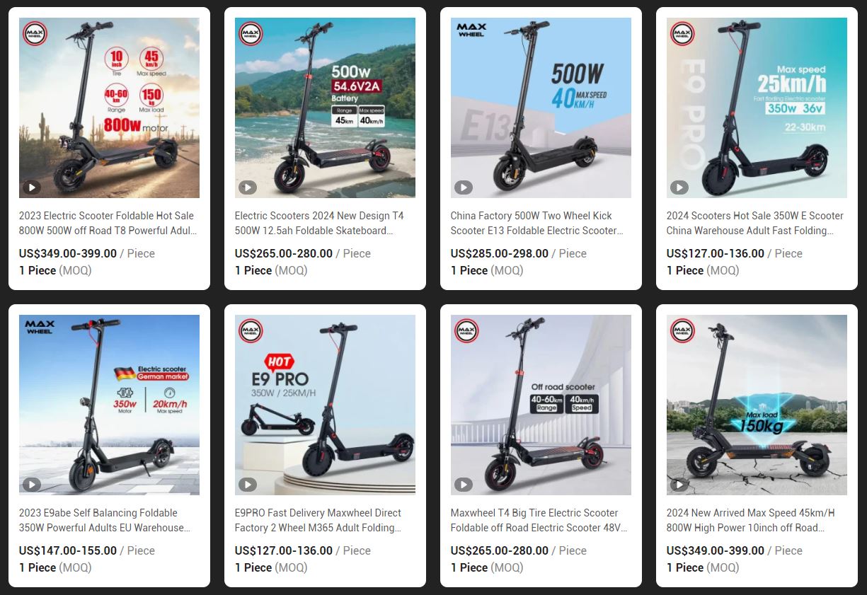 Une variété de scooters électriques pas chere sont affichés sur le catalogue d'un fabricant de trottinette électrique pas chère