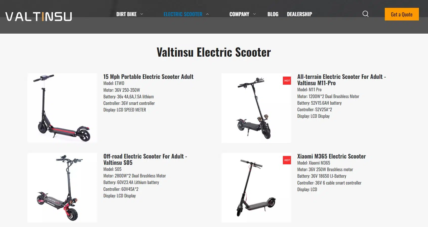 Un site Web présentant une variété de scooters électriques de différents fabricants, dont la célèbre marque Valtinsu.