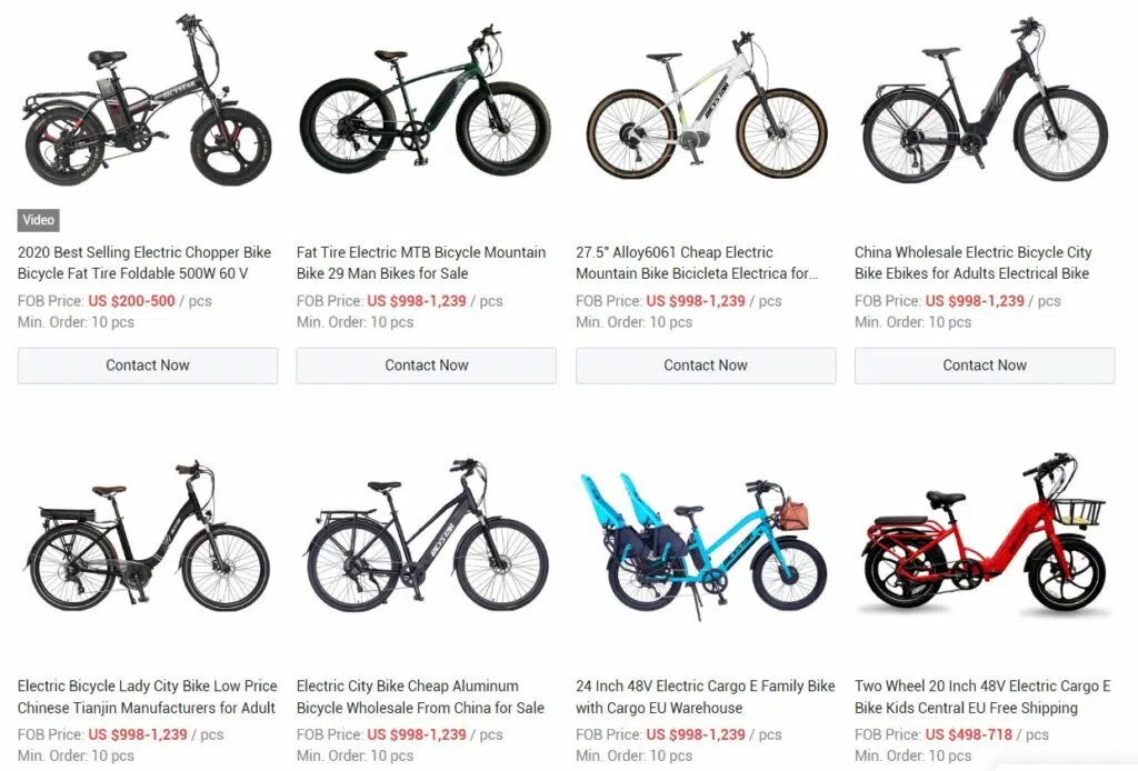 Une page présentant différents types de vélos électriques à vendre, y compris des options de fabricants chinois.