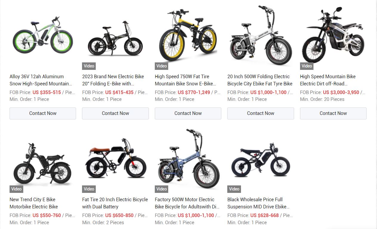 Une page du fournisseur jojoyseiko présentant différents types de vélos électriques.