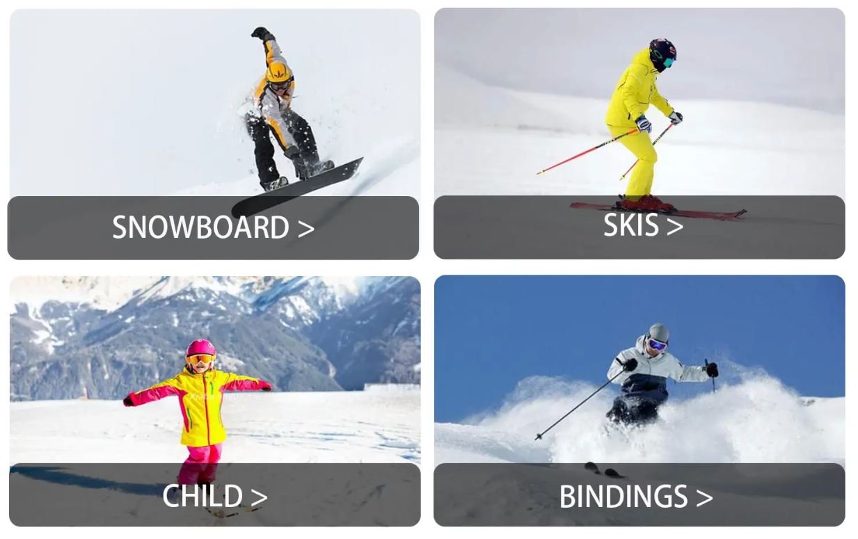 Quatre images différentes de skieurs et snowboarders pour un fournisseur de matériel sport d'hiver