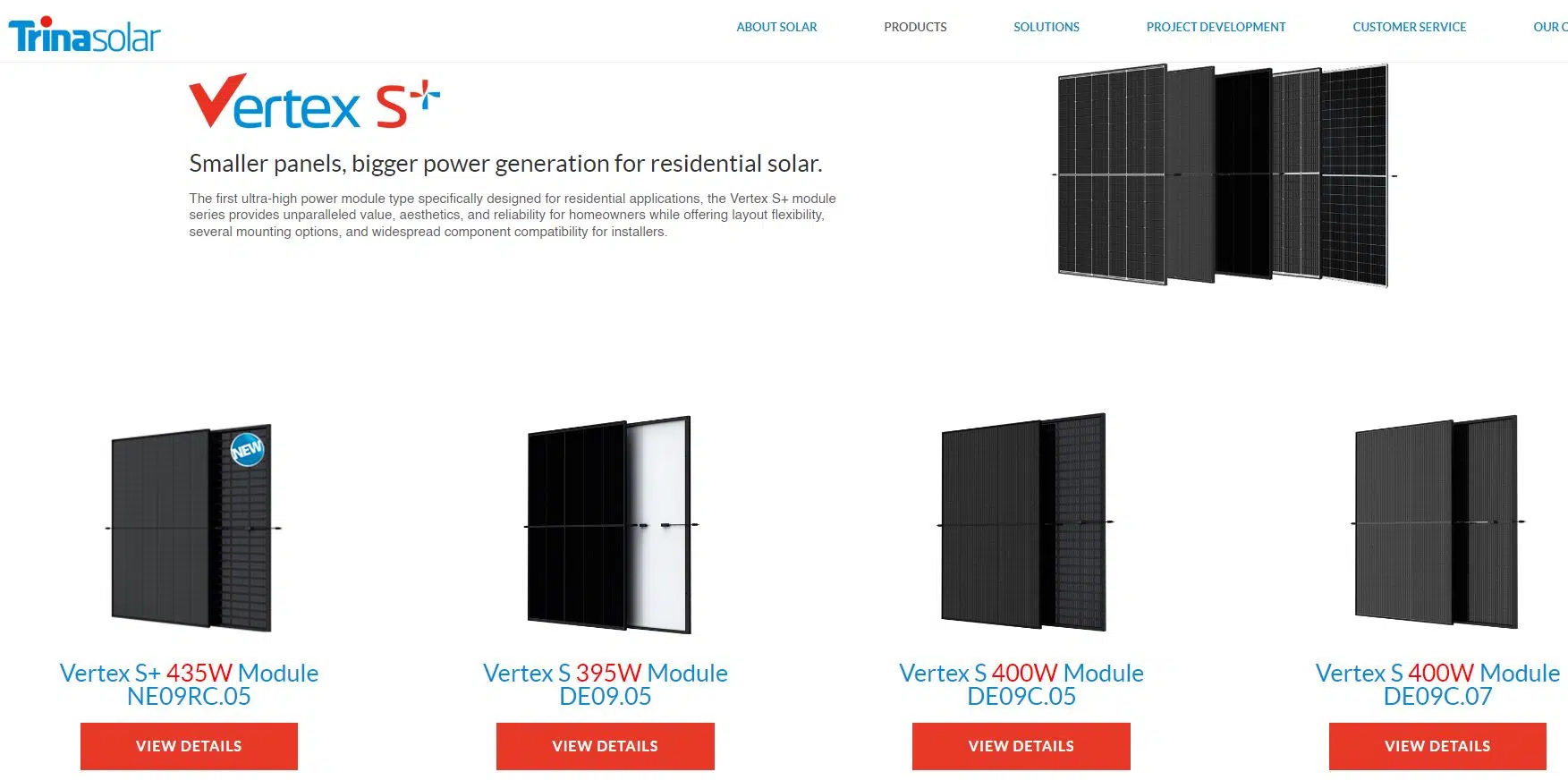 Une page Web du fournisseur de panneaux solaires de Trinasolar.