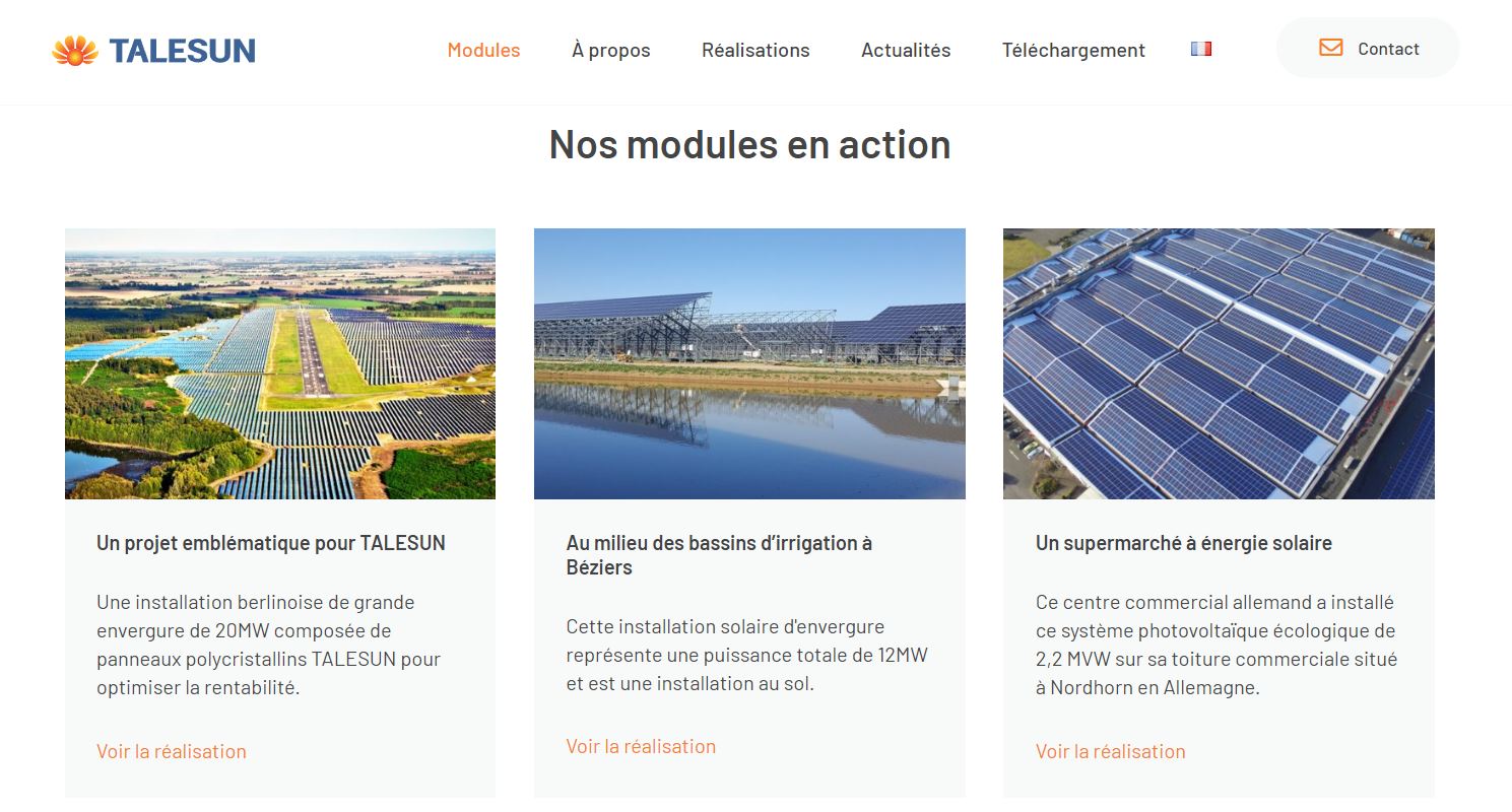 Le site Web de Tatasun, l'un des principaux fournisseurs de panneaux solaires et fournisseur de panneaux photovoltaïques.