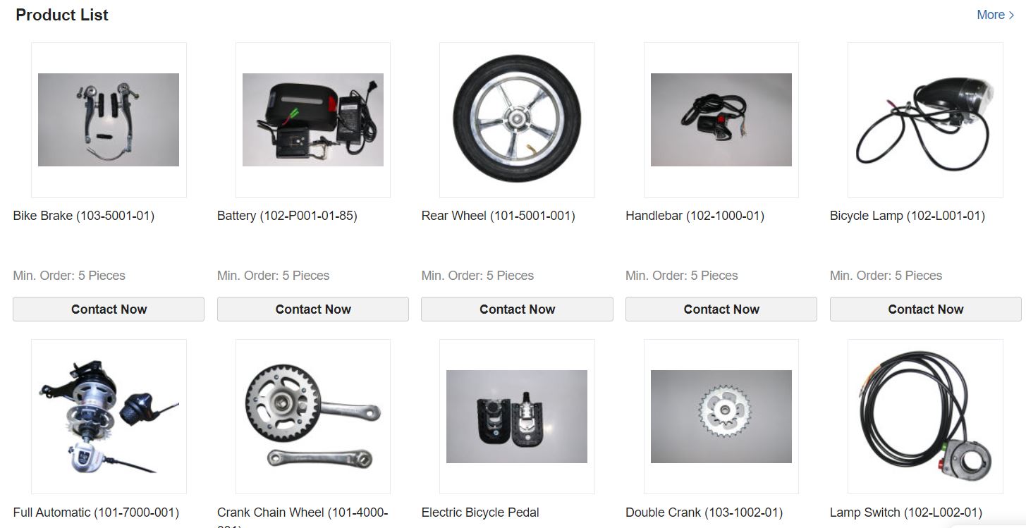 Une page présentant une gamme de pièces et d'accessoires pour vélos, notamment des vélos électriques de haute qualité en provenance de Chine.