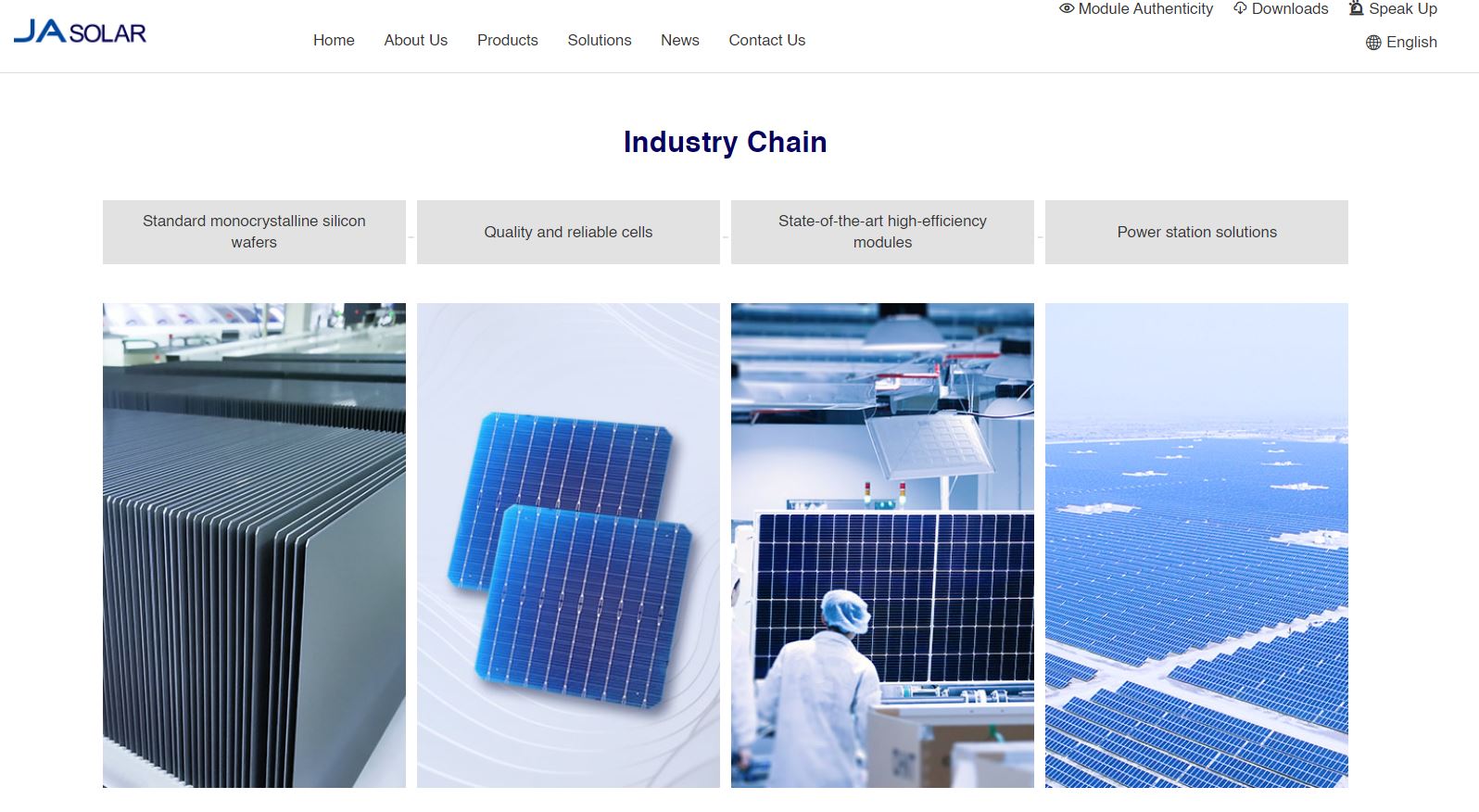 La page d'accueil du site Web du fournisseur de solutions solaires Jasolar, contenant des informations sur leurs services en tant que fournisseur panneau solaire.