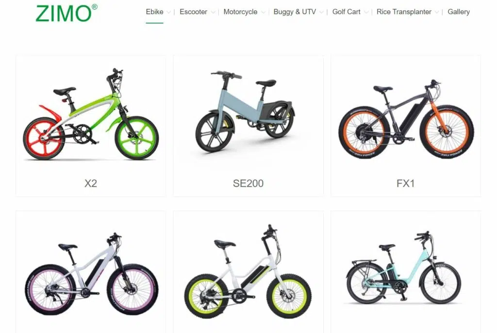 Un site Web présentant différents types de vélos, notamment des vélos électriques du fournisseur de trottinette électrique Zimo.