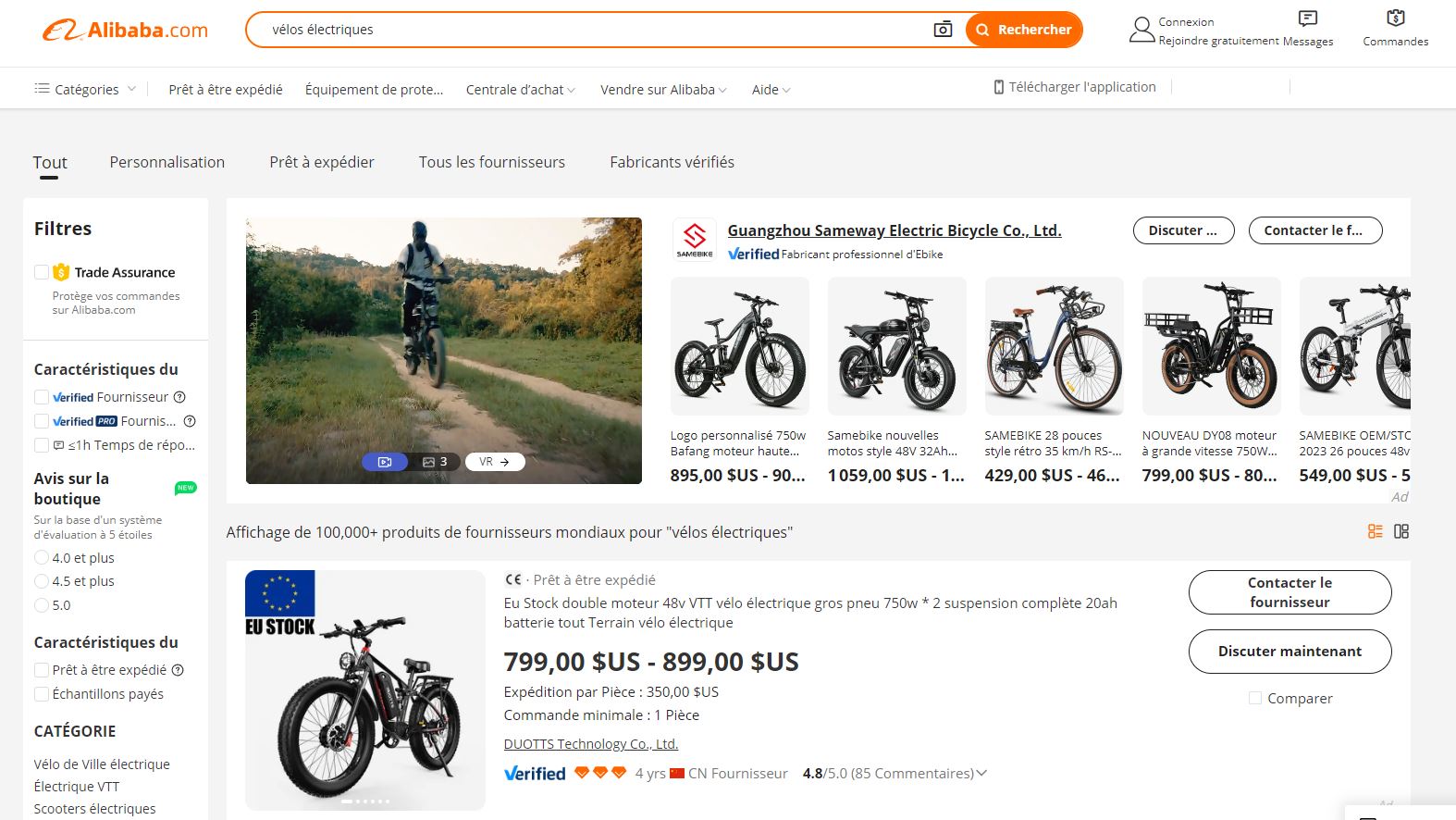 Image d'un site Web affichant différents types de vélos, notamment d'un fabricant de vélo électrique et des vélo électriques chinois.