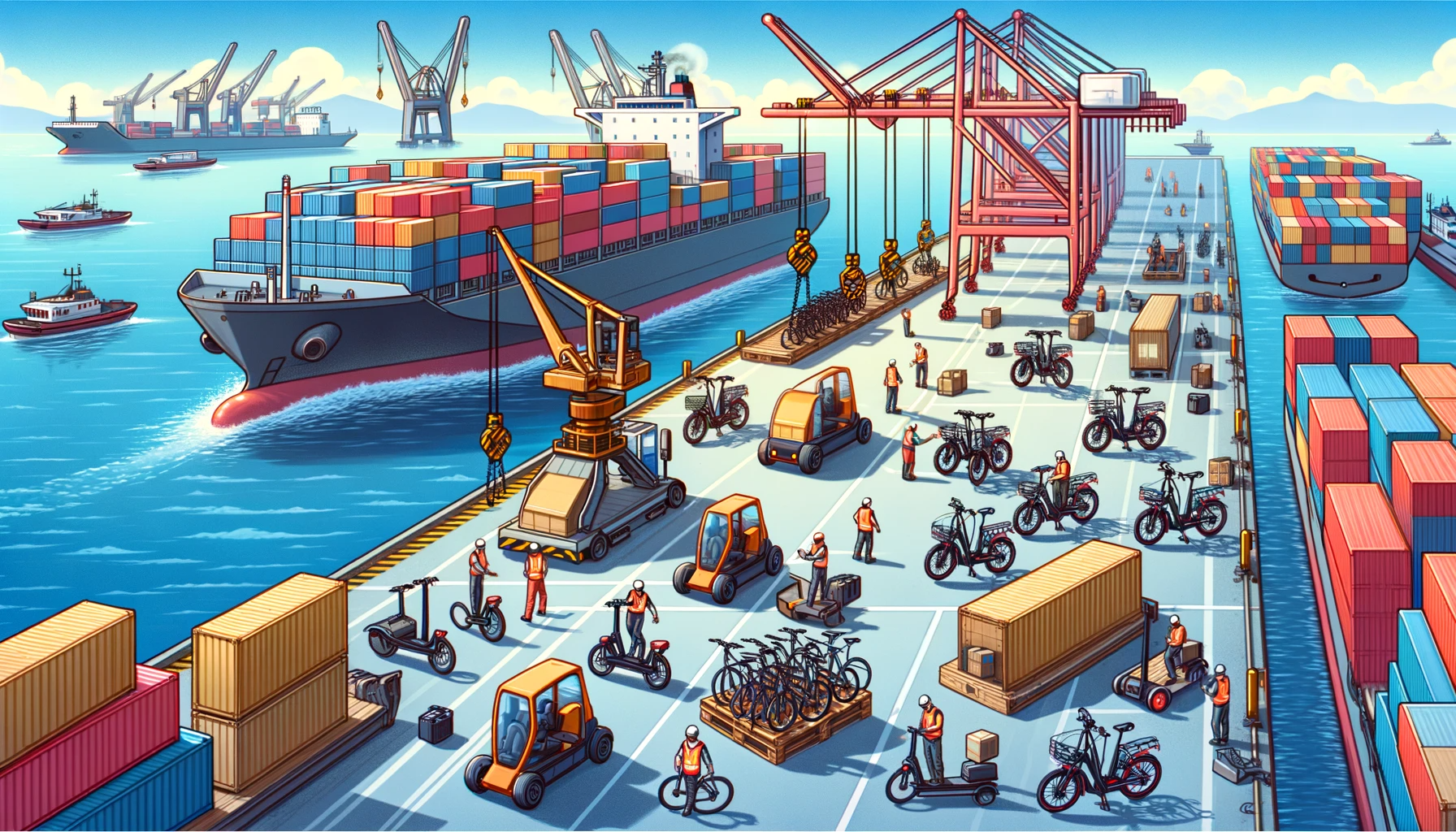 Une vue isométrique d'un port animé rempli de personnes et de marchandises, notamment des vélos électriques importés et des vélos électriques en kit en provenance de Chine.