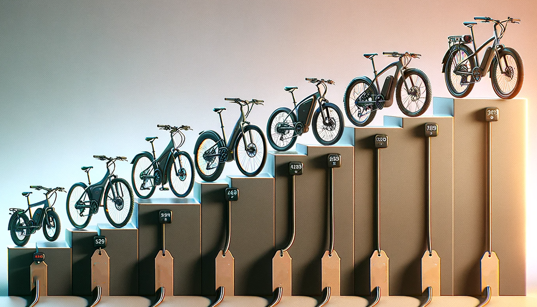 Une rangée de vélos importés de Chine, notamment électriques, exposés dans un escalier.