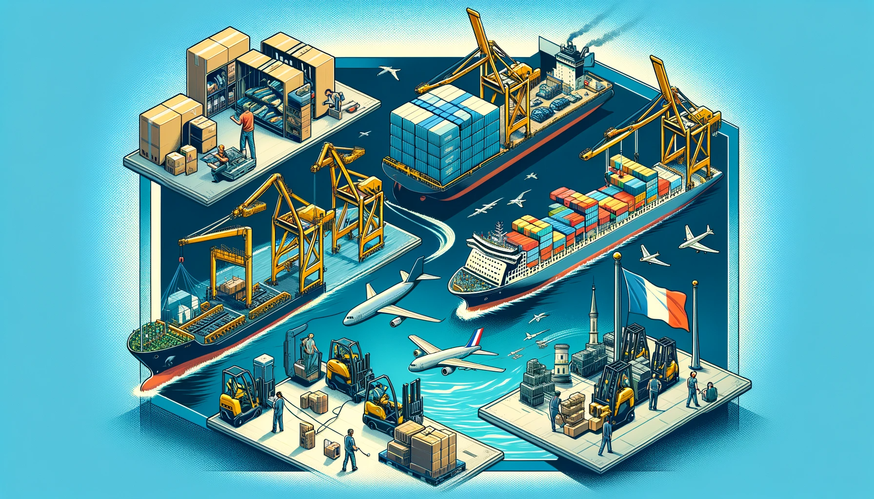 Illustration isométrique d'un porte-conteneurs dans un port, important des articles de sport en France.