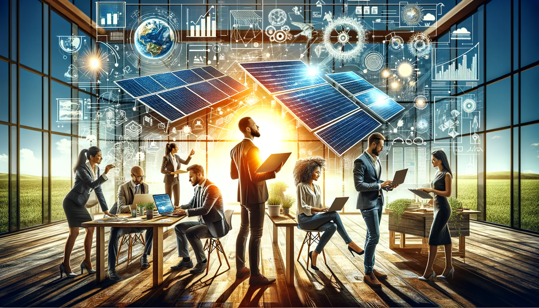 Un groupe de personnes travaillant dans un bureau avec des panneaux solaires d'un fournisseur de panneaux solaires en arrière-plan.
