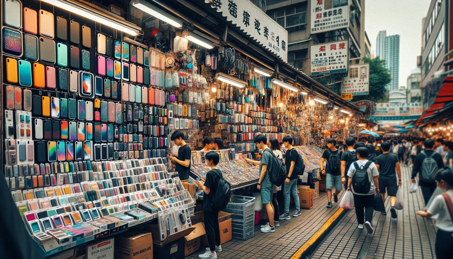 Un marché asiatique rempli de gens achetant des téléphones portables et des accessoires.