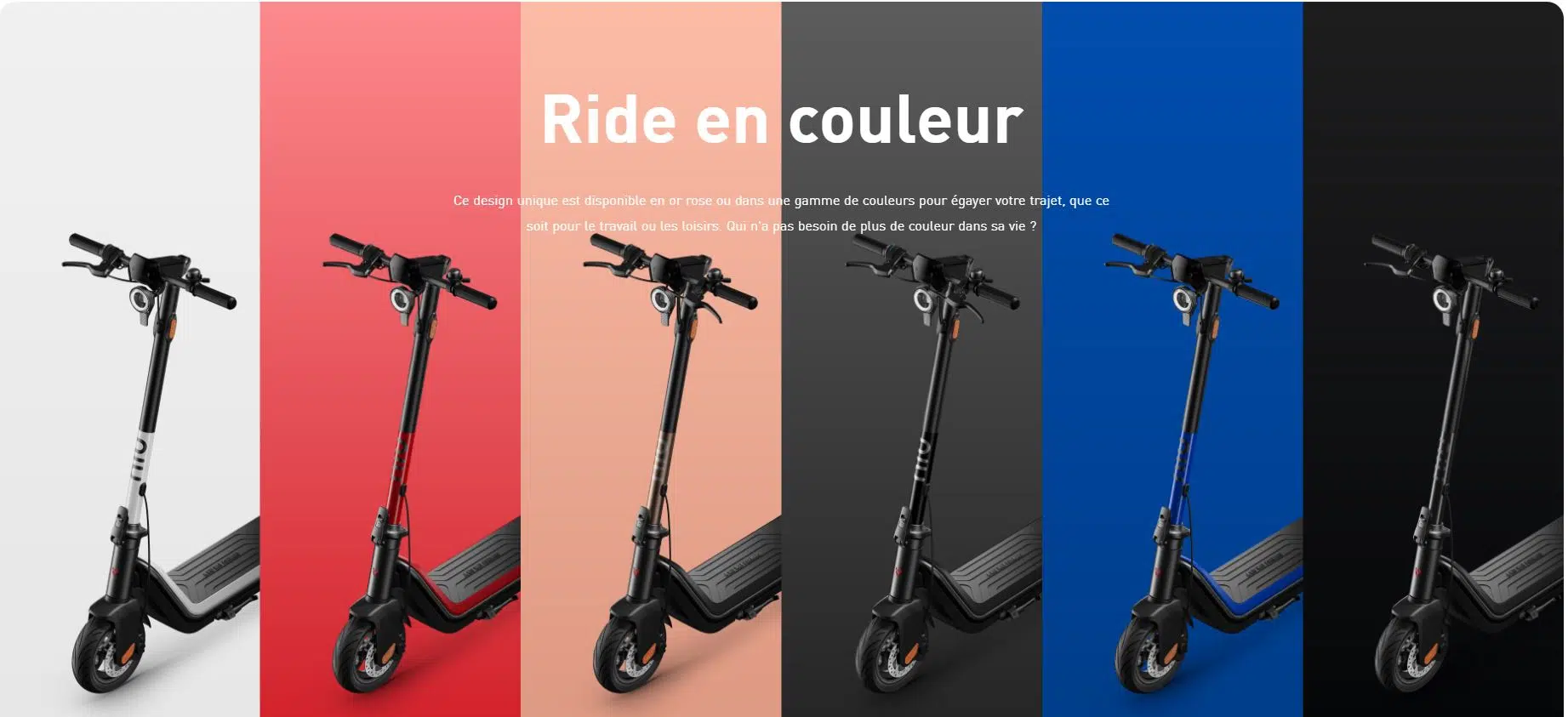 Un groupe de scooters de différentes couleurs avec les mots "ride en couleur" représentant la marque trottinette électrique niu technology.