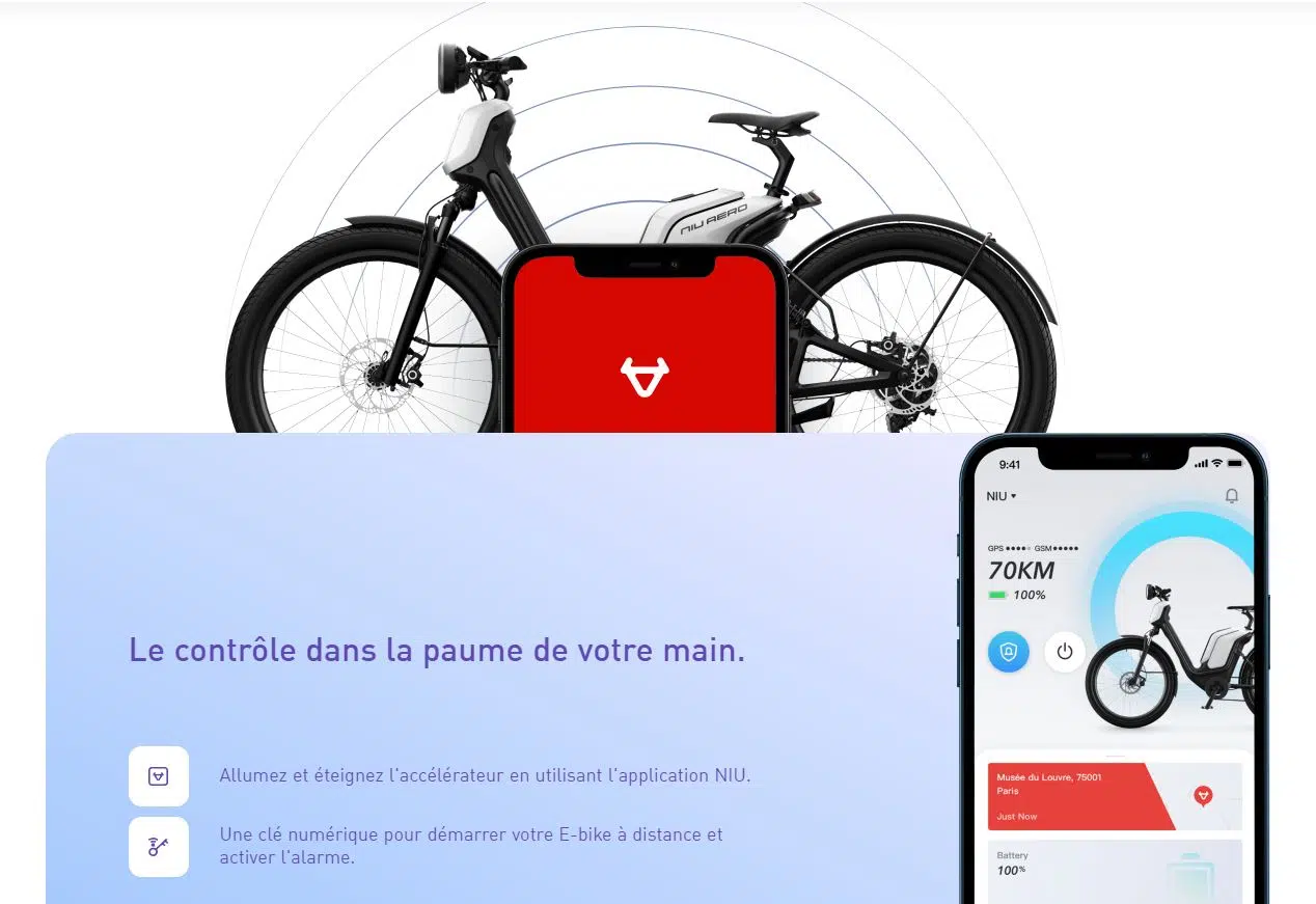 Une application mobile présentant une image élégante d'un vélo et d'un téléphone, connectant les utilisateurs de smartphone à leurs vélos électriques.