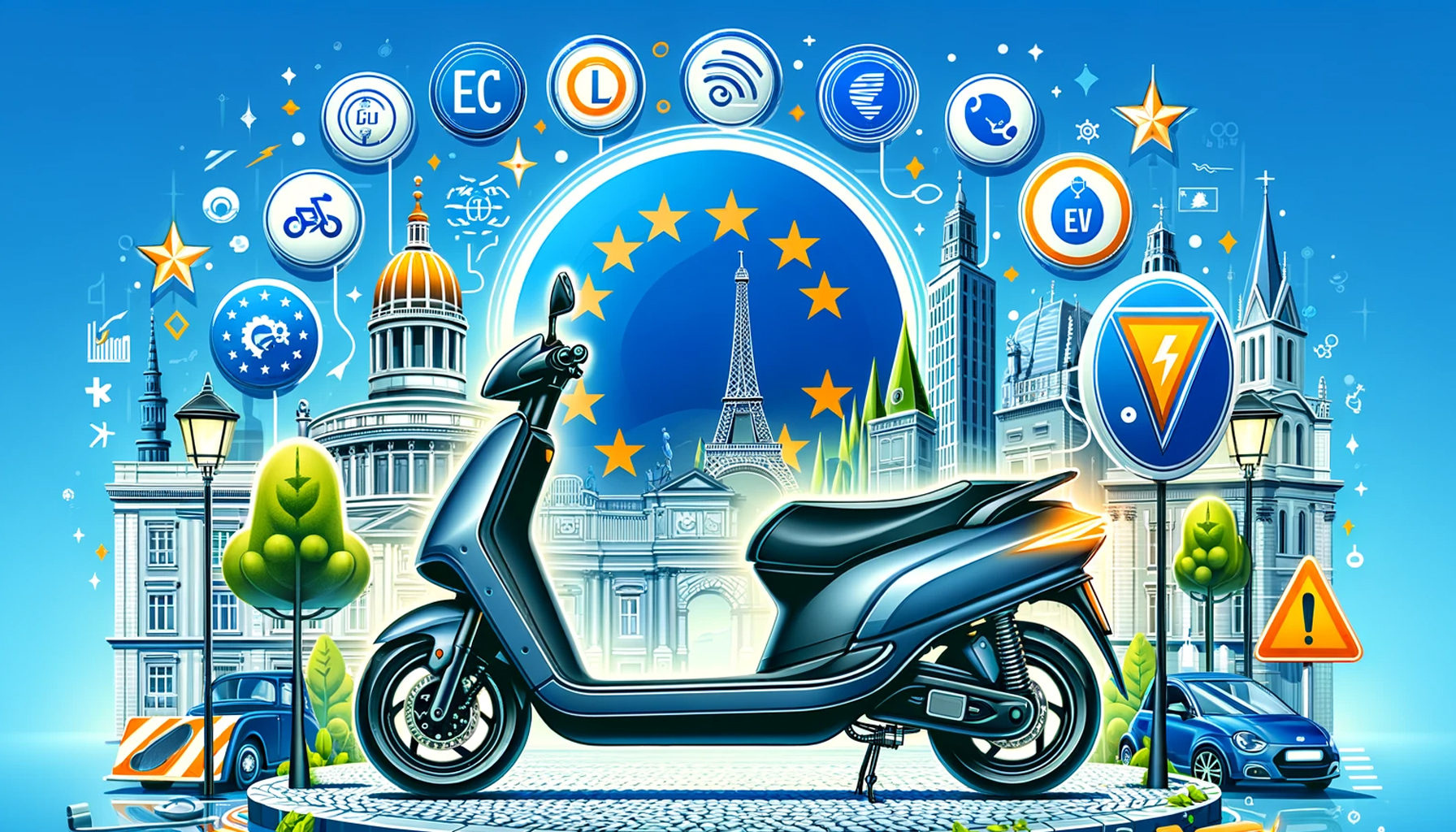 Une image d'un scooter entouré d'icônes représentant les normes européennes des scooters électriques.