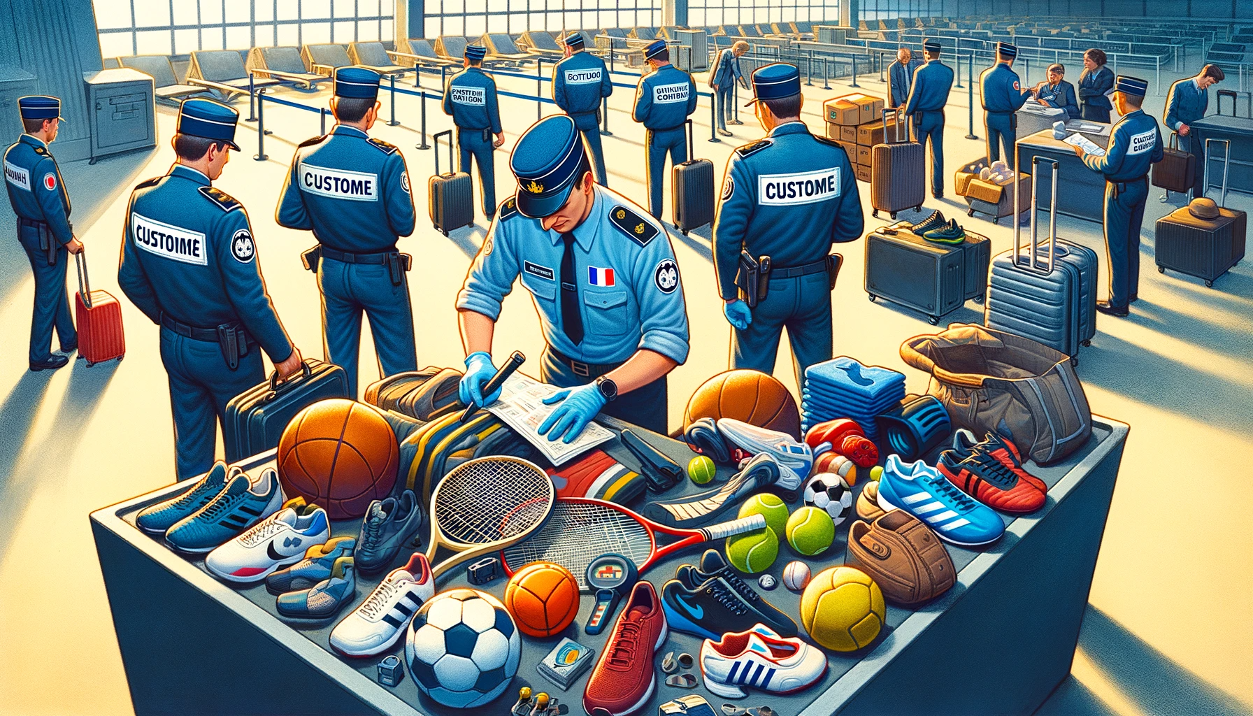 Un groupe de policiers debout à côté d’une valise remplie d’équipements sportifs, fournis par un fournisseur d’articles de sport.