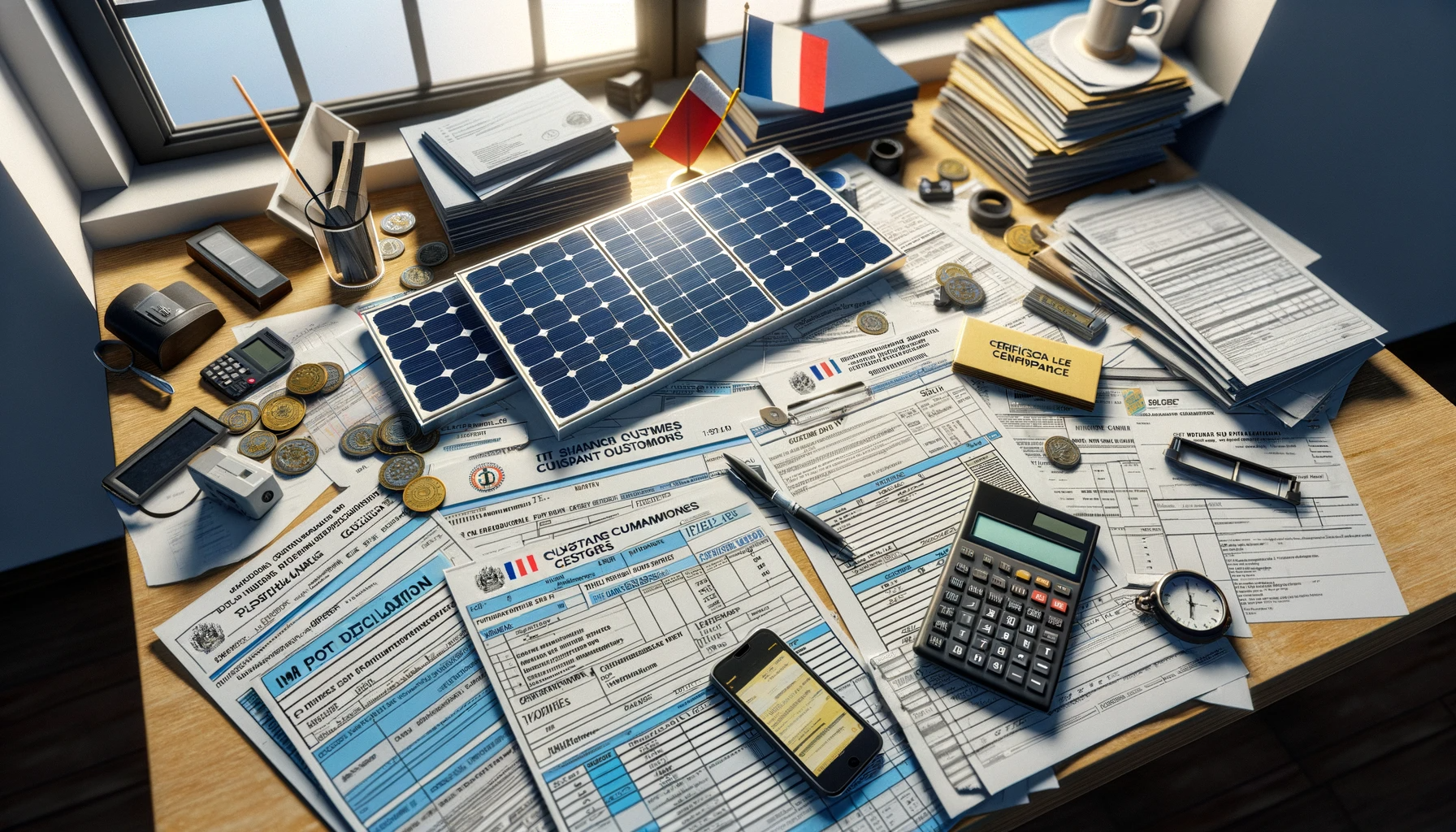 Un bureau avec un panneau solaire, des papiers de douane pour les panneaux solaires.