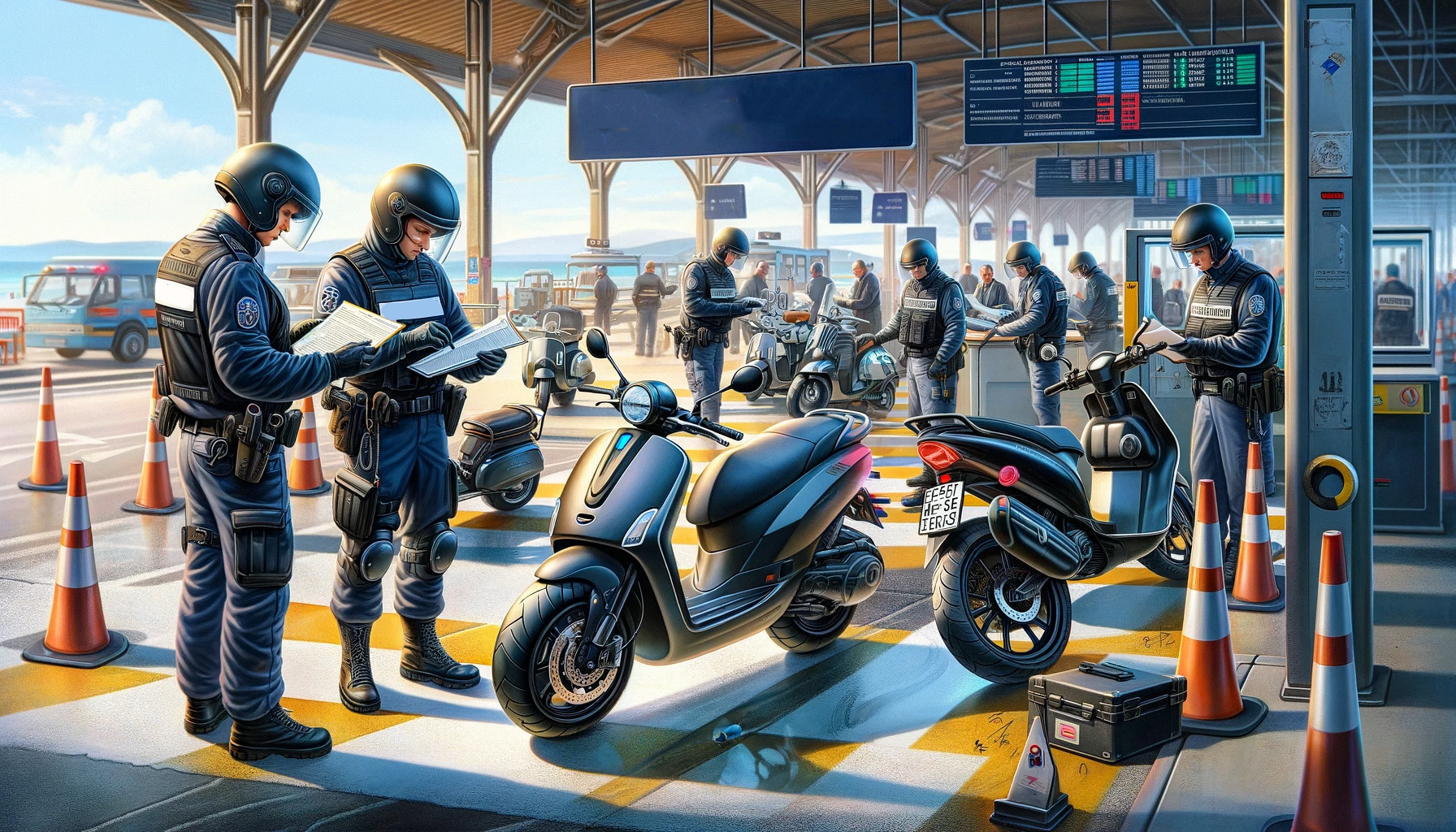 Policiers appliquant la réglementation dans un parking avec des motos.