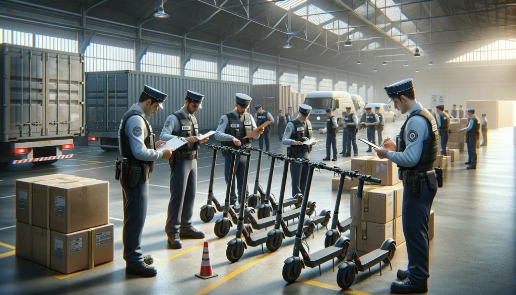 Un groupe de policiers debout dans un entrepôt avec des cartons, appliquant le règlement douanier.