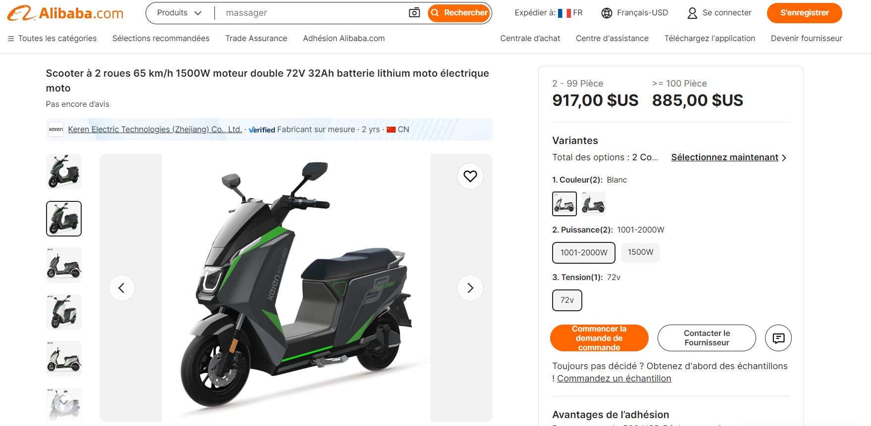 Une page Web présentant un scooter électrique en vente sur Alibaba.