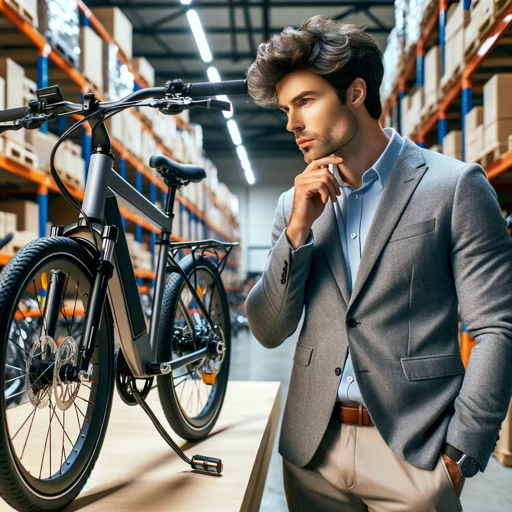 Un importateur vélo électrique se tient à côté d’un vélo dans un entrepôt.