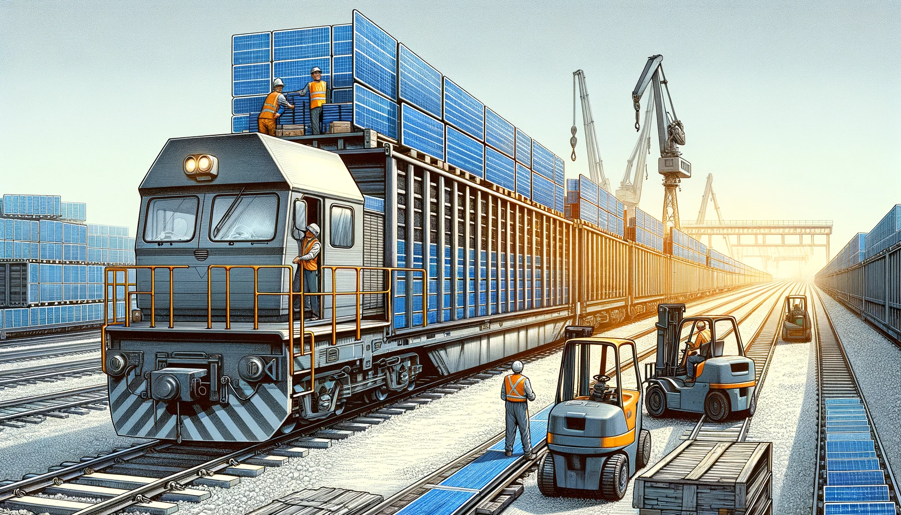 Illustration d’un train sur une voie, alimenté par des panneaux solaires.