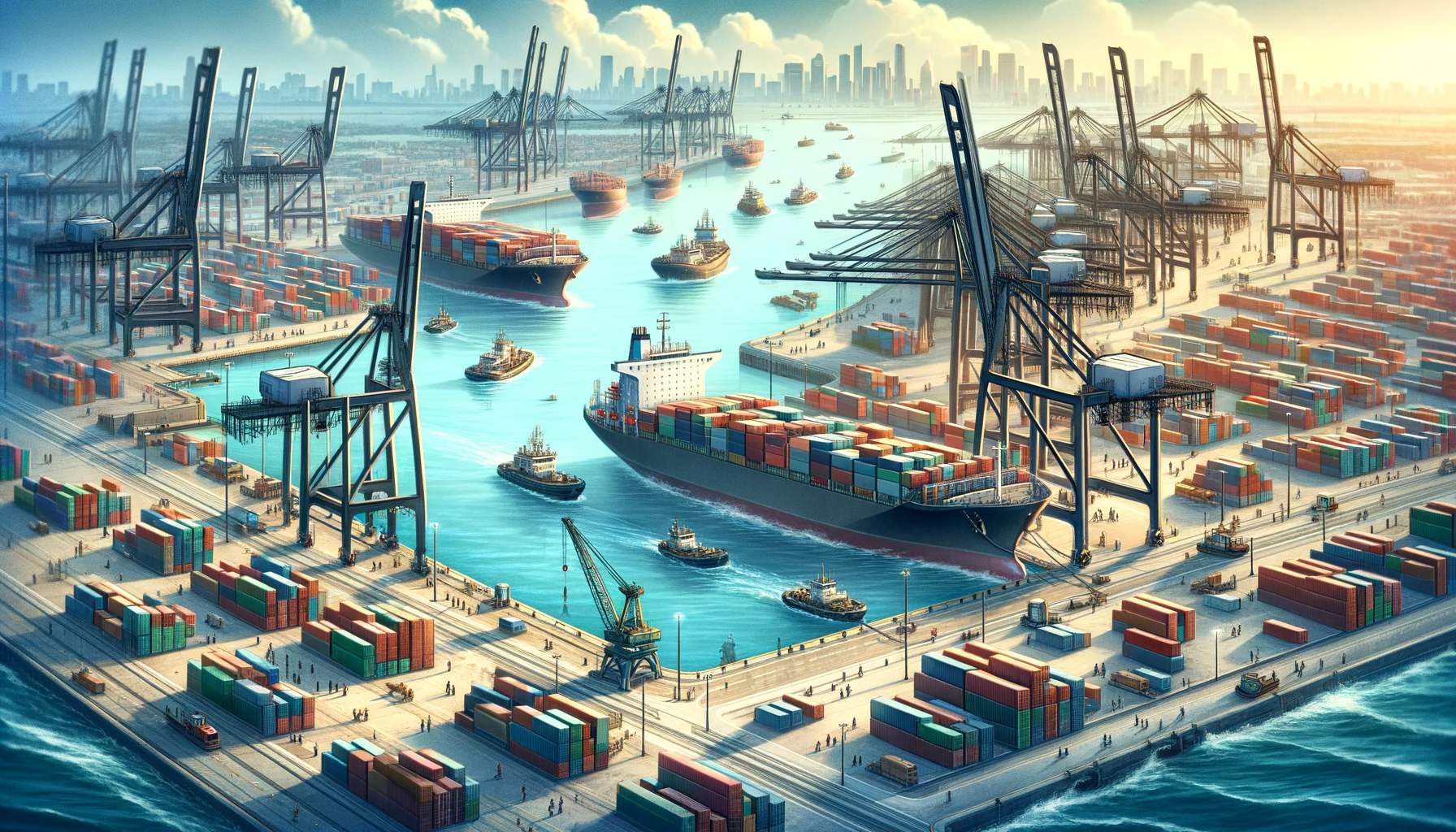 Illustration d'un port à conteneurs avec des navires et des grues utilisés pour le transport maritime.
