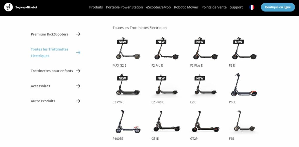 Une capture d'écran d'un site internet du fabricant segway-ninebot présentant différents types de scooters haut de gamme en provenance de Chine.
